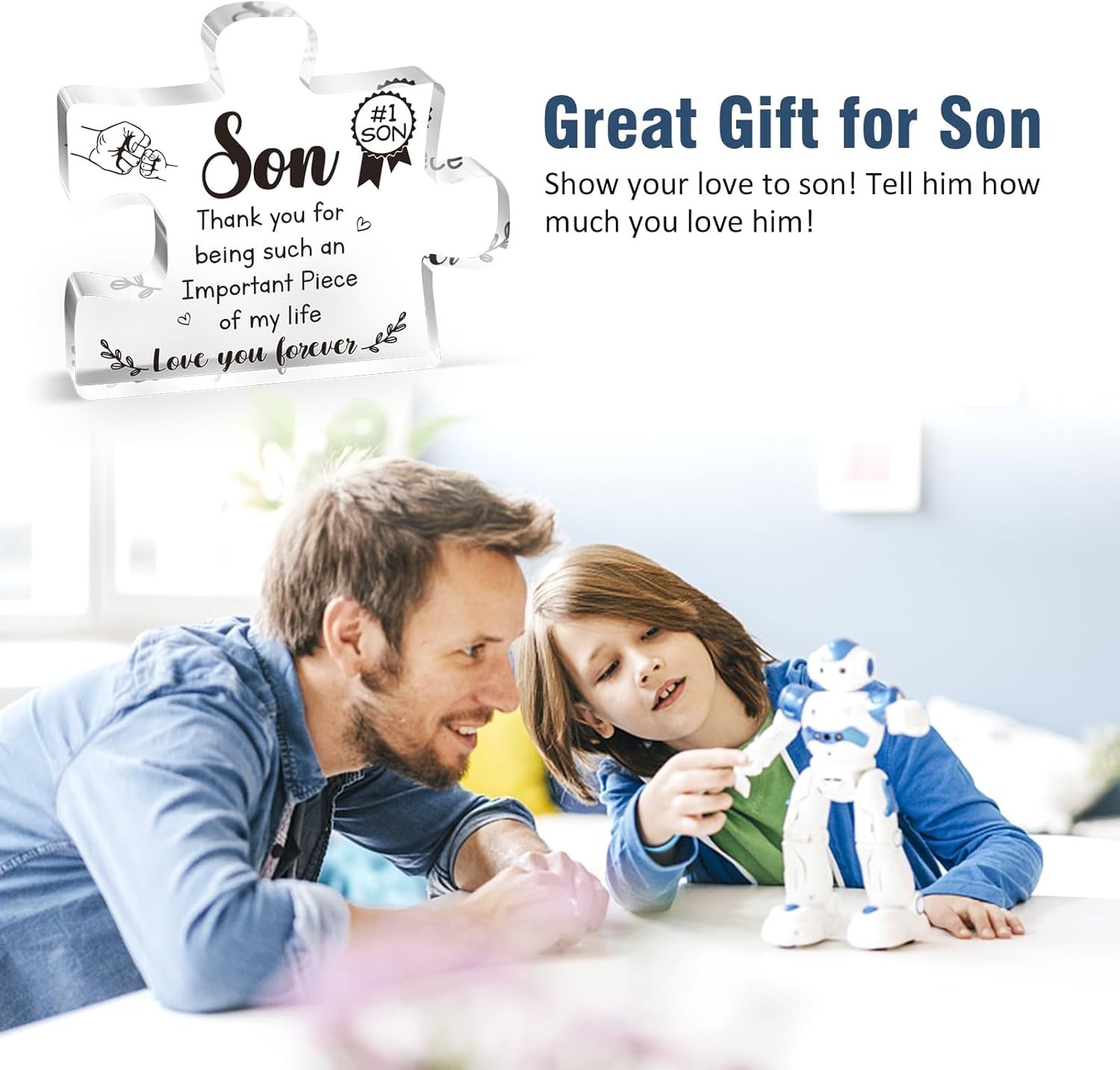 Stylish Tabletop Decoration – Engraved Puzzle Block for Son (3.9×3.3 in)