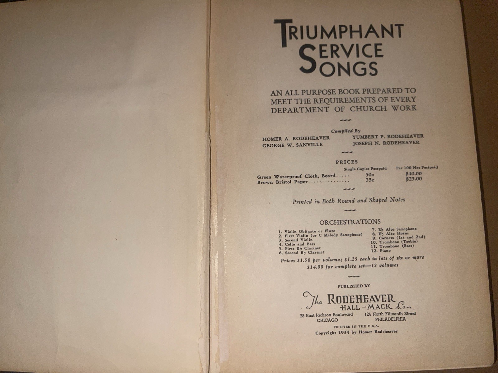 Triumphant Service Songs 1934 Song Book Hymnal Hardcover 291 Pages