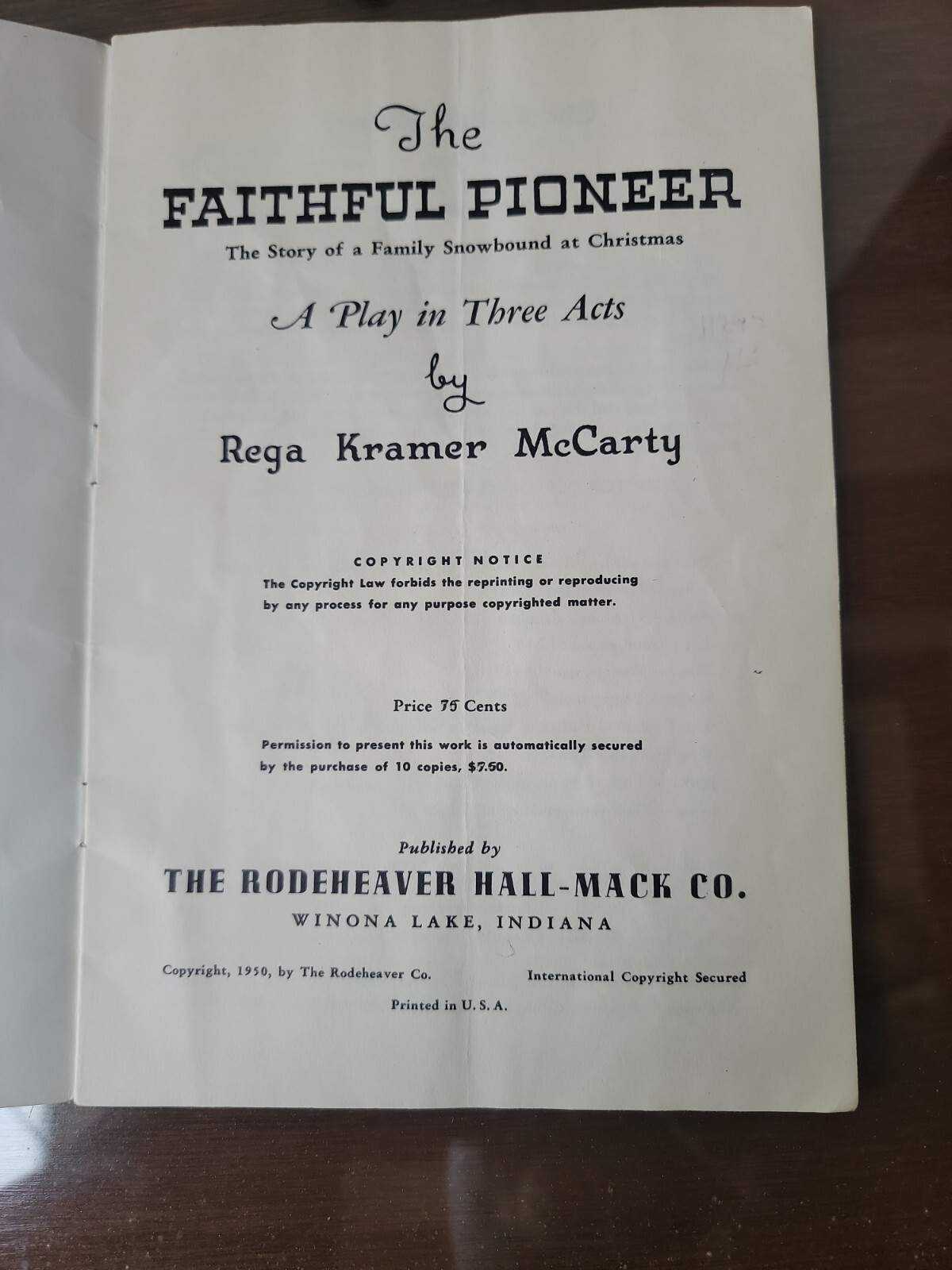 The Faithful Pioneer Rega K. McCarty Vintage Play Script Drama Three Acts