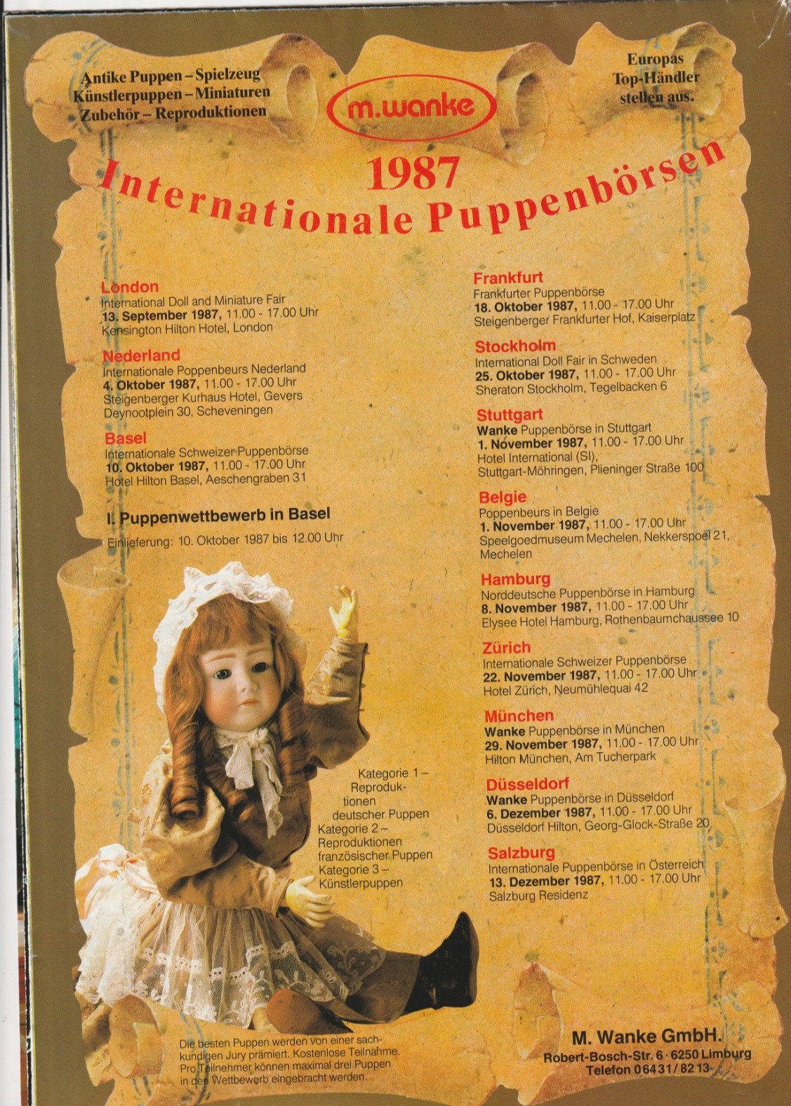 Puppenbrief 9-seitiger Faltplan-aufgeschlagen 60×80 cm Intern. Puppenbörse 1987