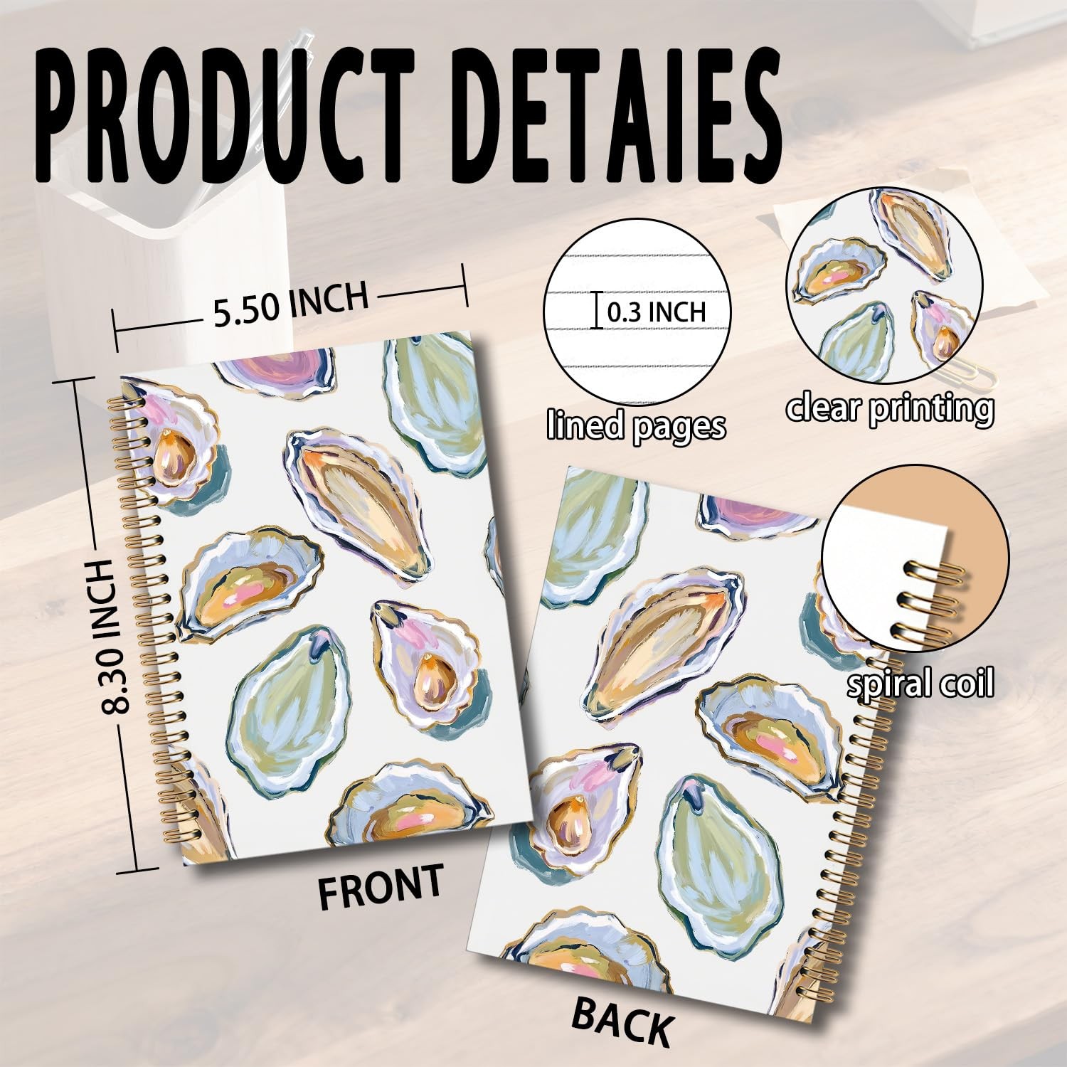 Oyster Shell Notebook 5.5 x 8.3 Inches, Coastal Aesthetic Journal, Seashell P…