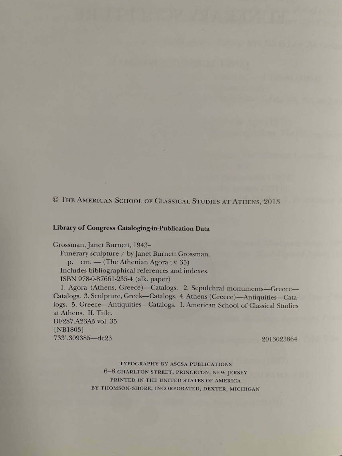 The Athenian Agora Vol XXXV Funerary Sculpture Grossman HC Ill 2013