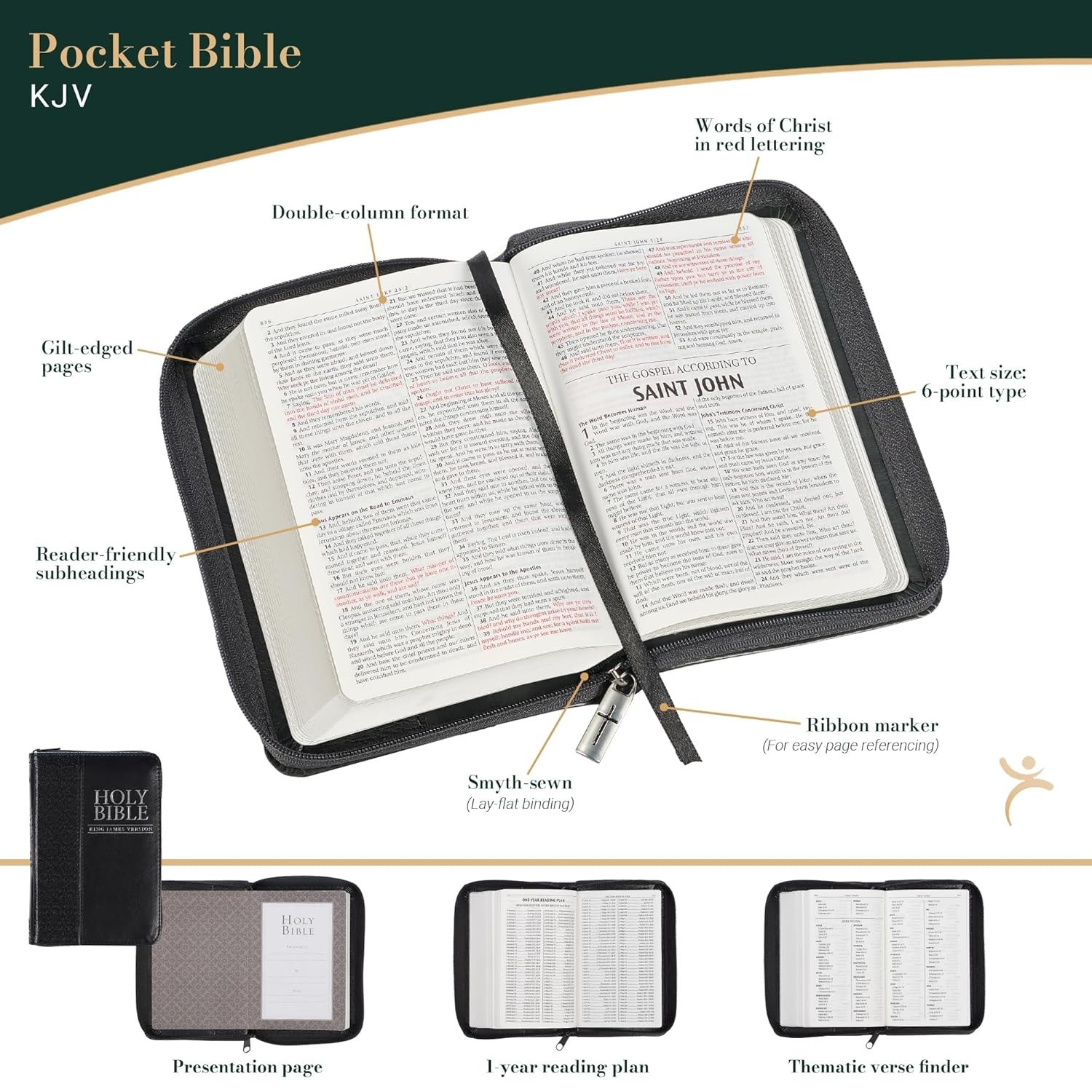 KJV Mini Pocket Holy Bible Zippered Black Faux Leather King James Version Compac