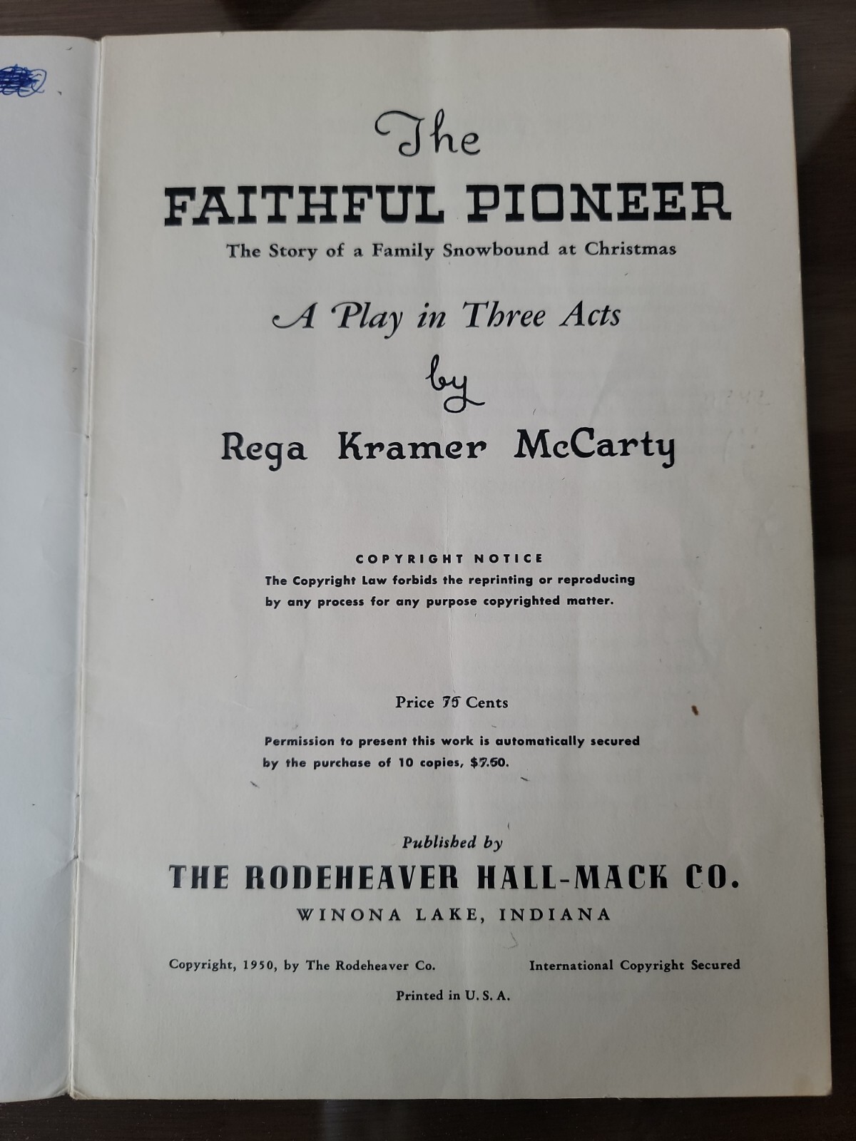 The Faithful Pioneer Rega K. McCarty Vintage Play Script Drama Three Acts
