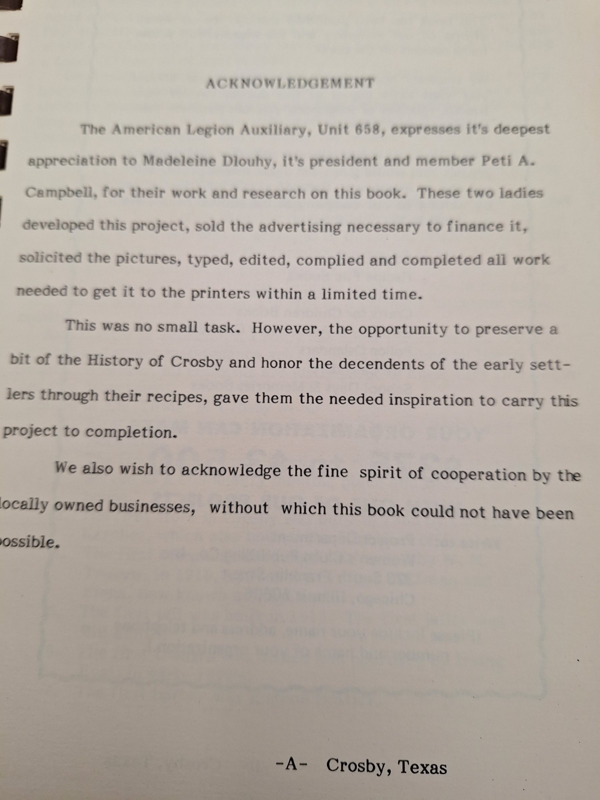 Crosby American Legion Auxiliary Unit #658 ~ Home Town Recipes ~ Crosby, TX