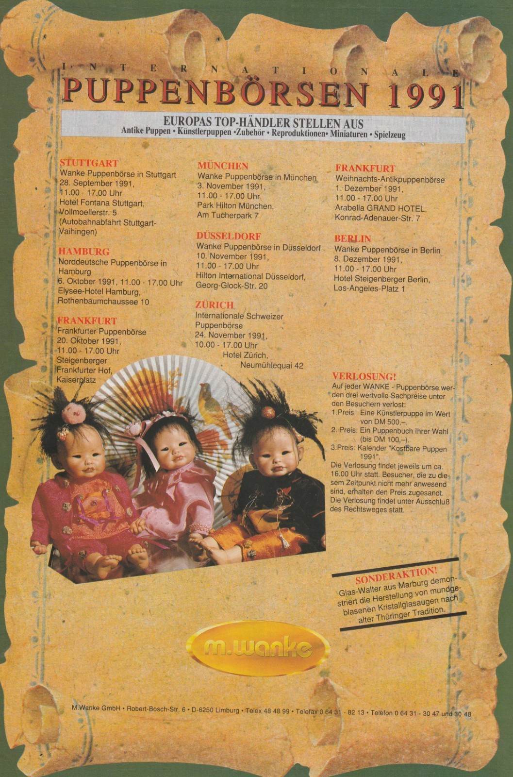 Puppenbrief 9-seitiger Faltplan-aufgeschlagen 60×80 cm Intern. Puppenbörse 1991