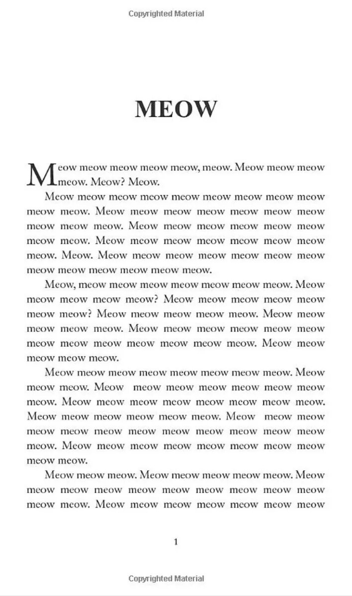 Meow Book for Cats – A Novel w/ only the word Meow, 345 pgs, by Sam Austen