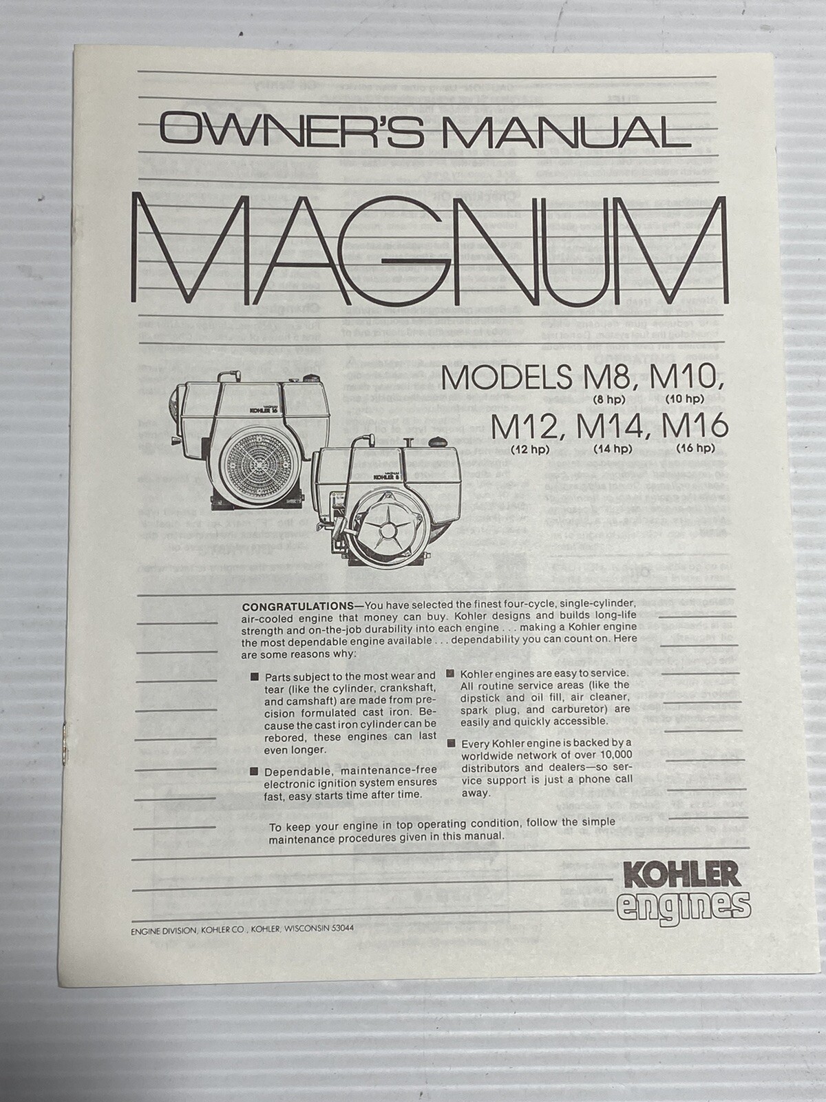 Kohler M8 M10 M12 M14 M16 magnum engines owners manual Book TP-2200-A