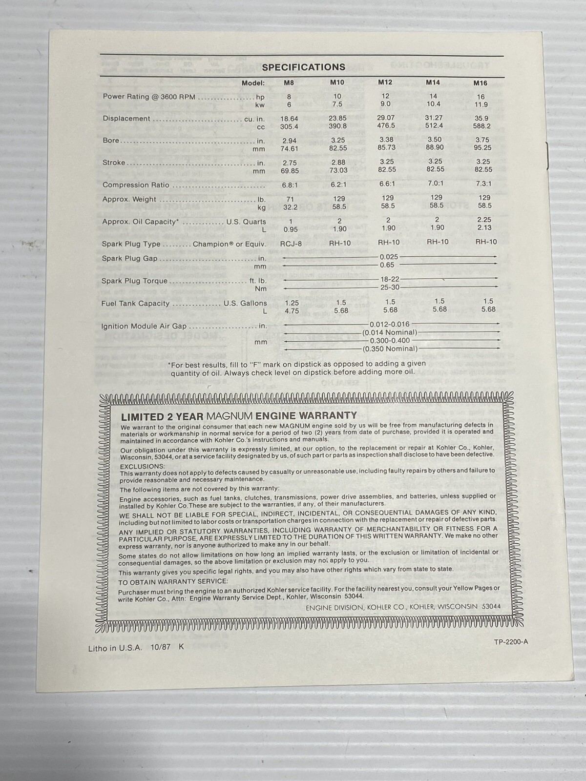 Kohler M8 M10 M12 M14 M16 magnum engines owners manual Book TP-2200-A