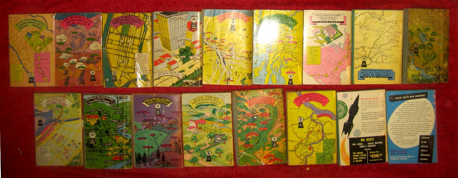 Lot of 17 vintage DELL paperbacks; VERY early © 1940s: mapbacks, art deco covers