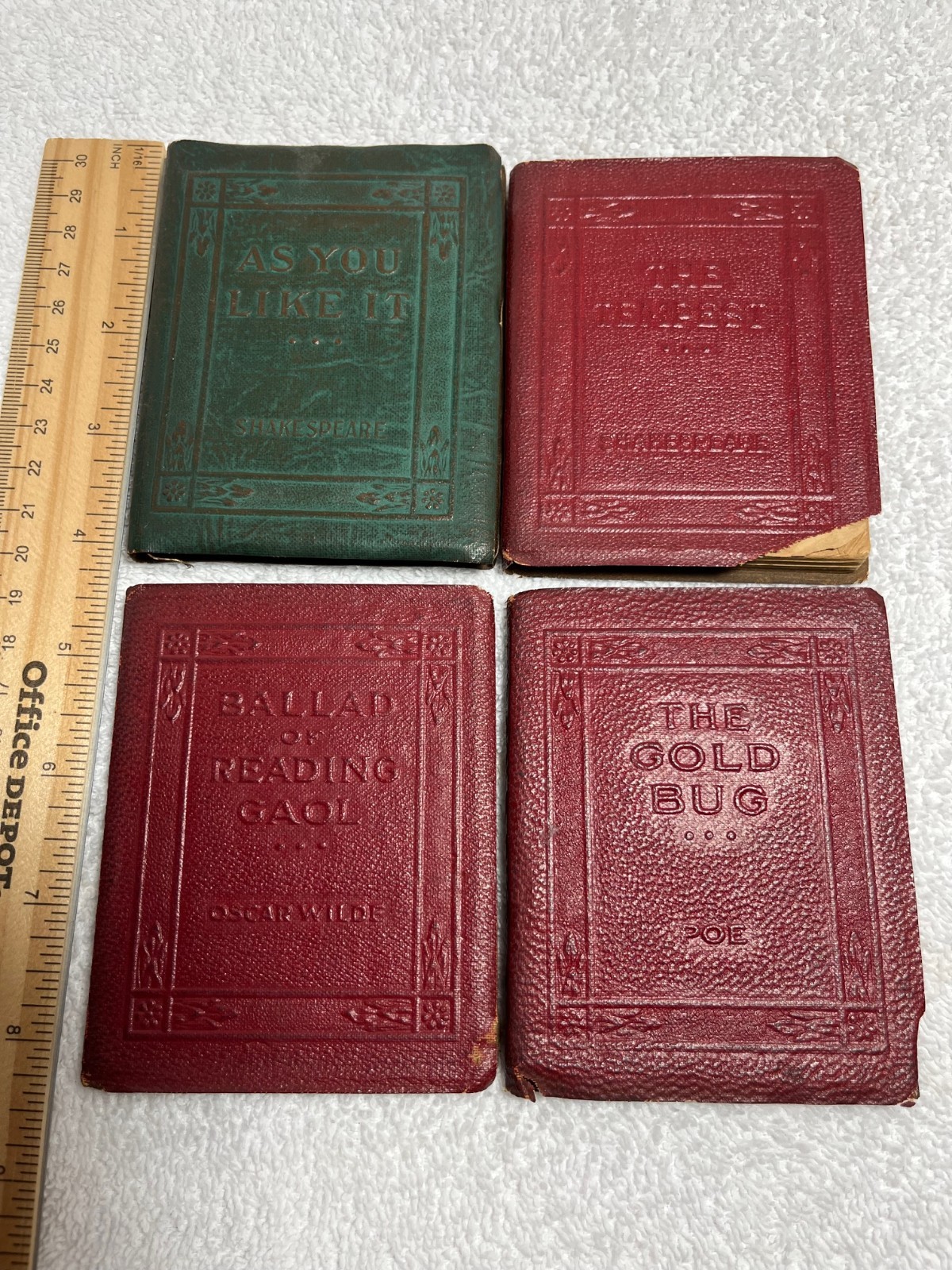 4 LITTLE LEATHER LIBRARY BOOKS 1920s Miniature 3 Red 1 Green LOT Literature Poem