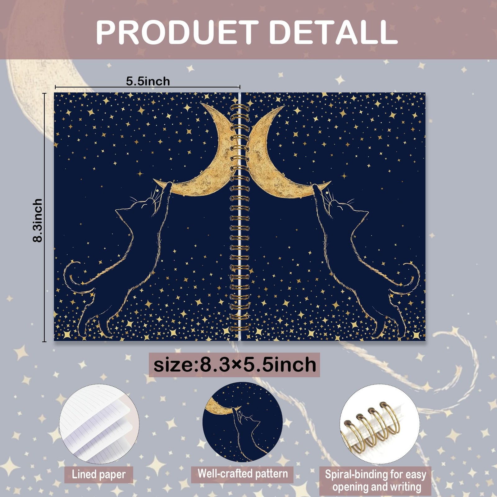 Cat and Moon Notebook 8.3×5.5 Inches – Starry Night Aesthetic Journal with Sp…