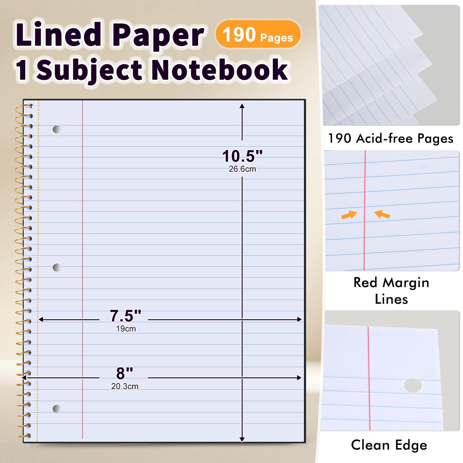 Spiral Notebook Wide Ruled 8″ x 10 1/2″, 1 Subject Spiral Notebook, 3-Hole Pu…