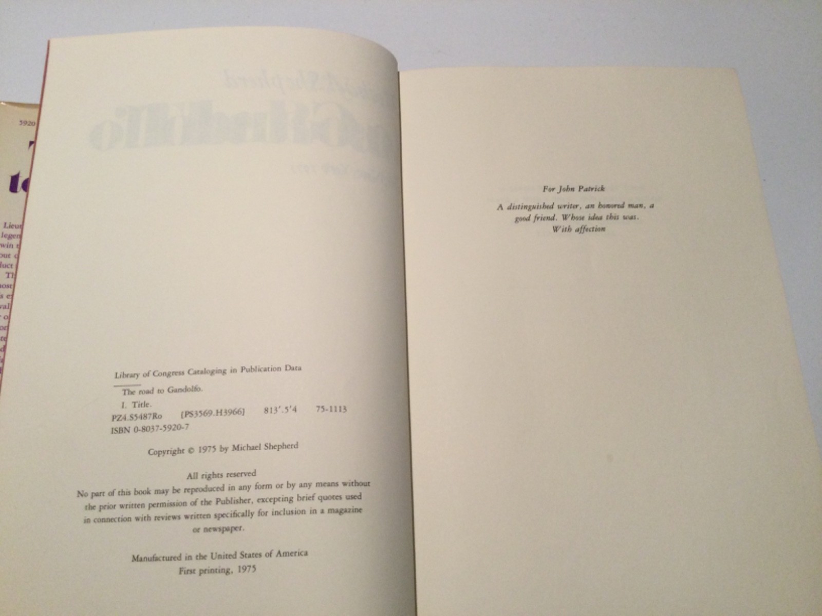 1st printing -The Road to Gandolfo by Michael Shepherd HC 1975 VG-1 DC as shown