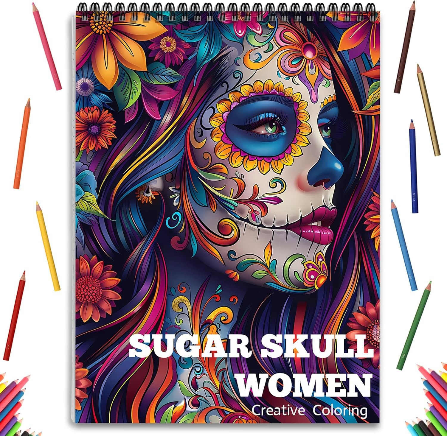 Sugar Skull Coloring Book for Adult Women Relaxation, Spiral Bound, Printed S…