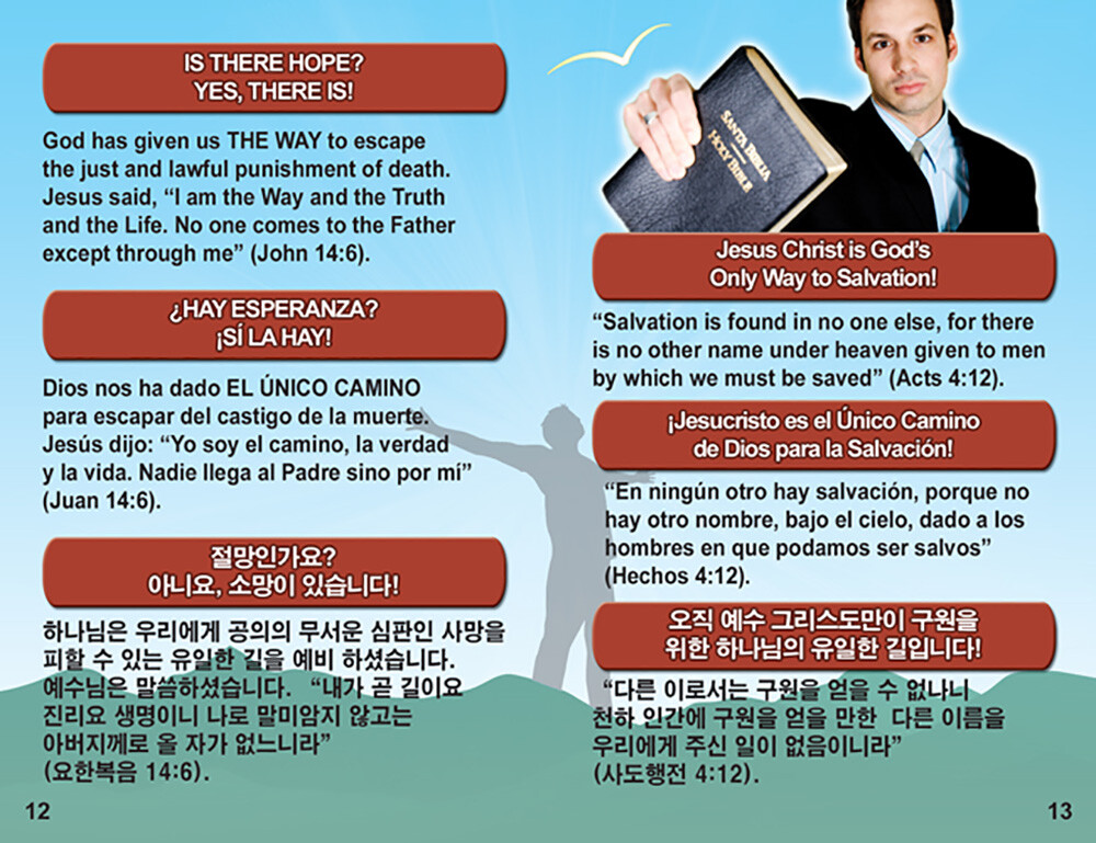 English/Spanish/Korean, 3-Language GOSPEL TRACTS, 40 PK, 4 Covers, 24 Pgs ea