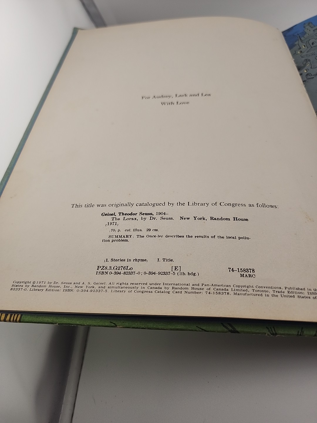 The Lorax Dr. Seuss 1971 First Edition 11.25 x 8.25 in Hardcover w/ Yellow Quote