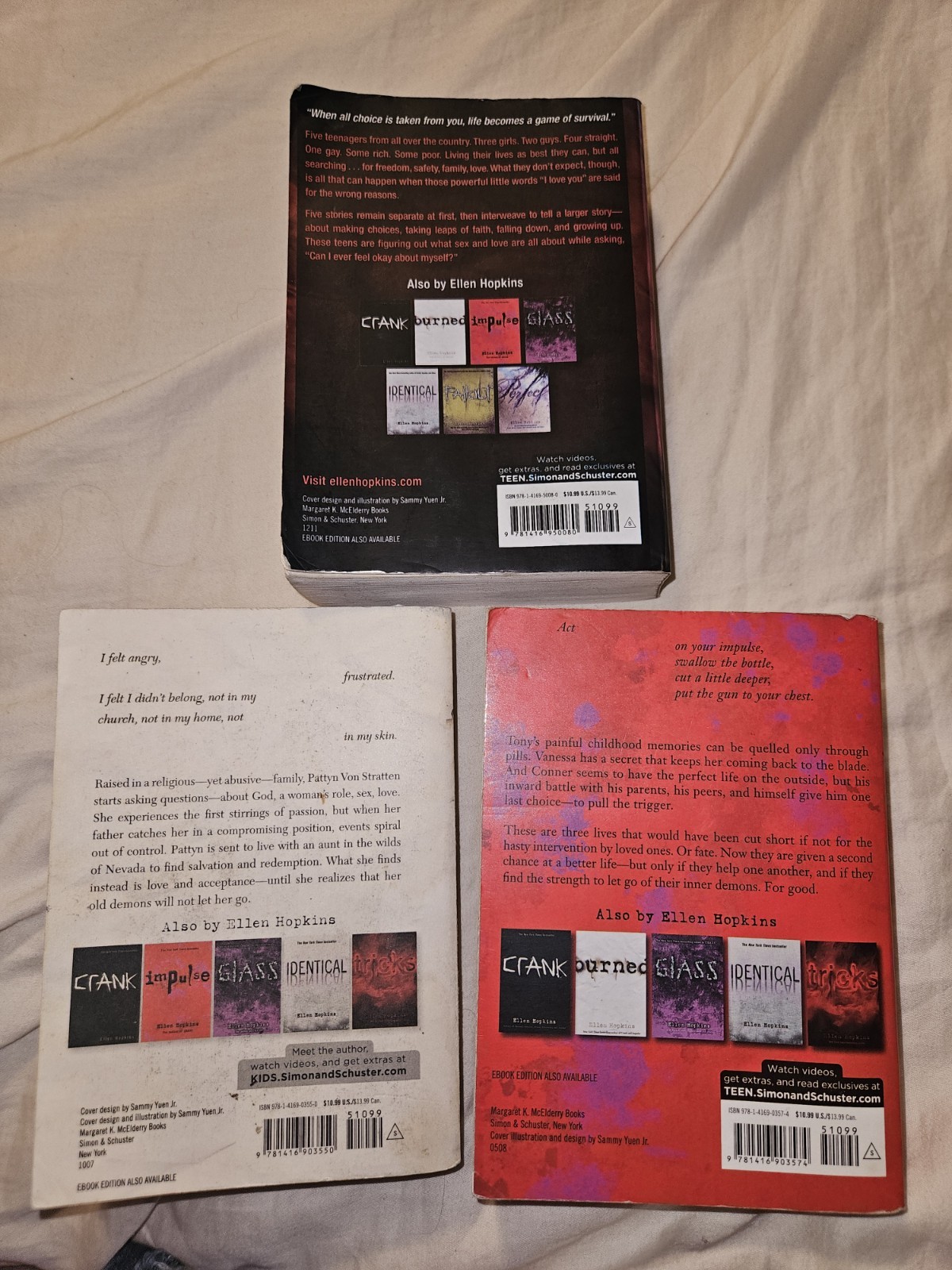 Ellen Hopkins Books. Lot Of 3. Tricks, Burned, Impulse.