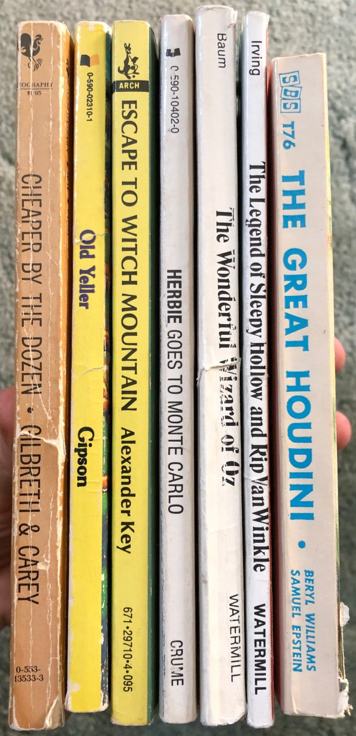 Vintage Kids books, lot of 7, Herbie, Old Yeller, Wizard of Oz, Great Houdini