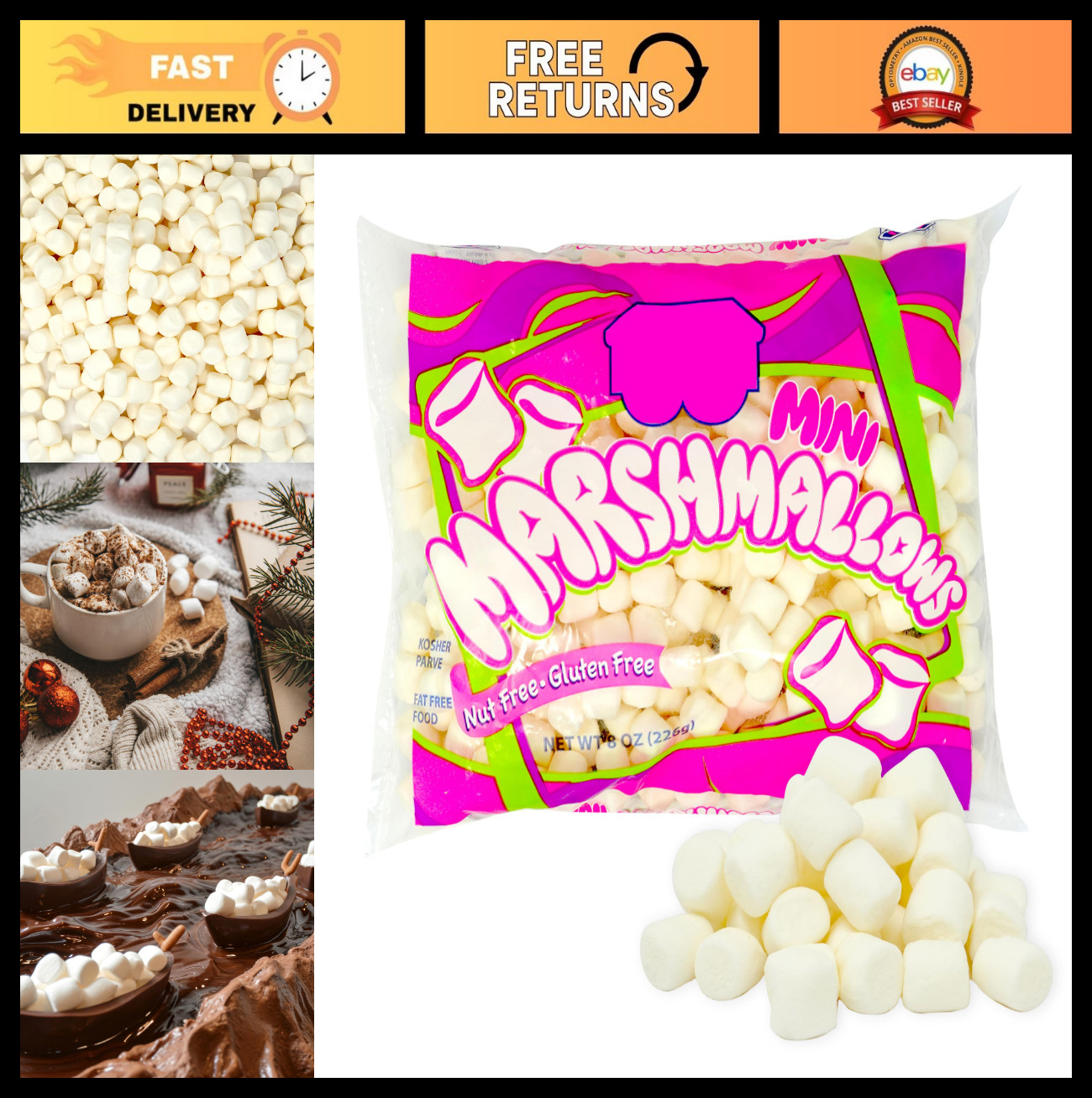 Mini Marshmallows – 2 Bags (1 lb Total), White & Vanilla, Kosher, Nut-Free, Glut