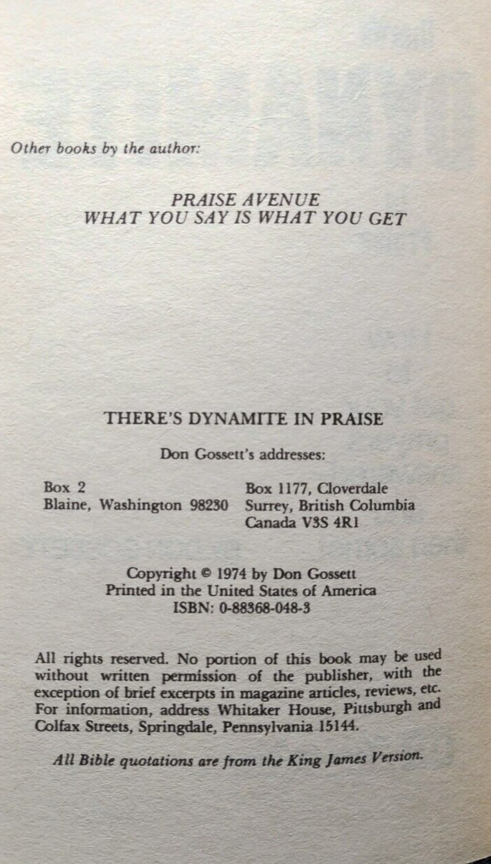 There’s Dynamite in Praise Don Gossett 1974 PB Christian Living 128pp Good