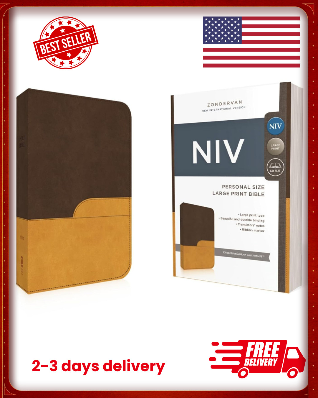Brand New NIV Large Print Holy Bible Leather Soft Chocolate Amber Zondervan