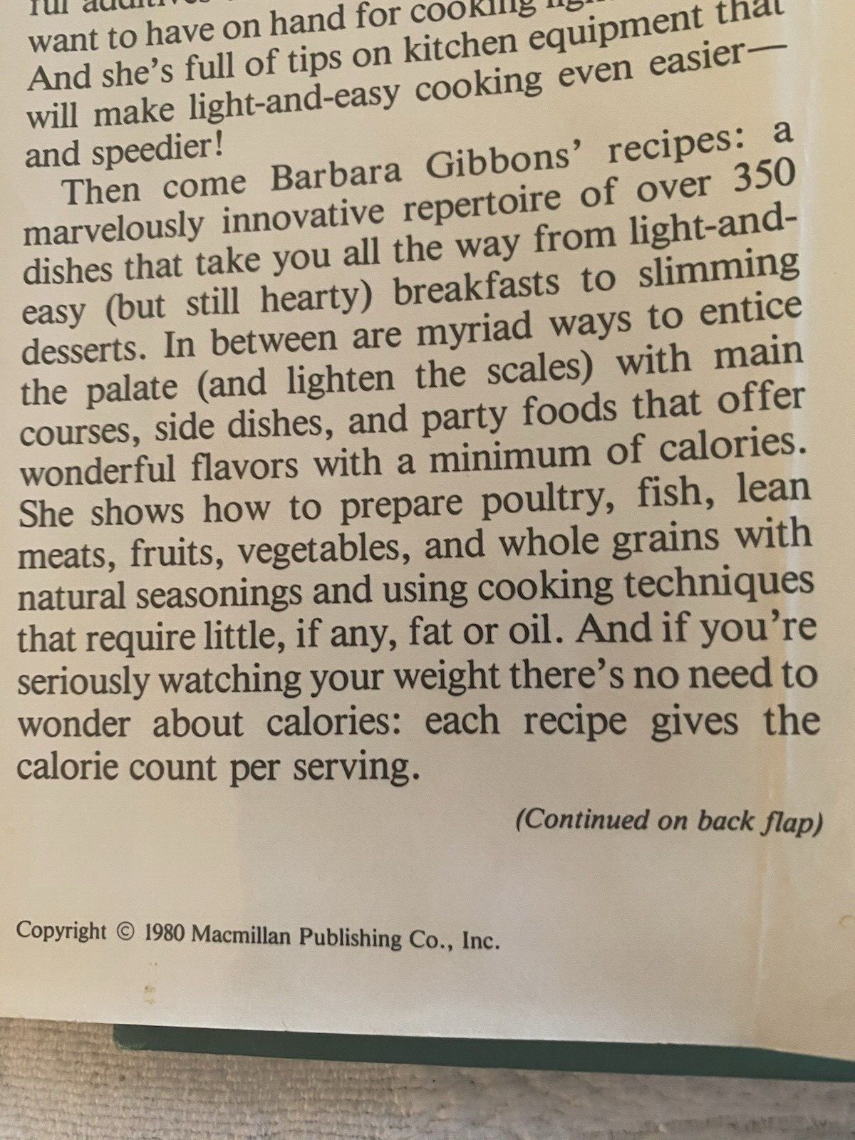 The Light and Easy Cookbook by Barbara Gibbons Vintage 1980 Hardcover Good