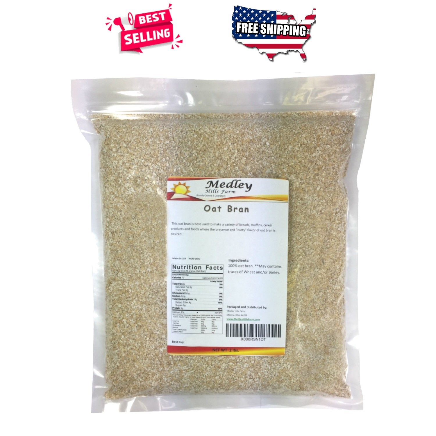 Oat Bran 2 lbs Flaked Non-GMO High Fiber Protein 32oz Bag for Baking Muesli
