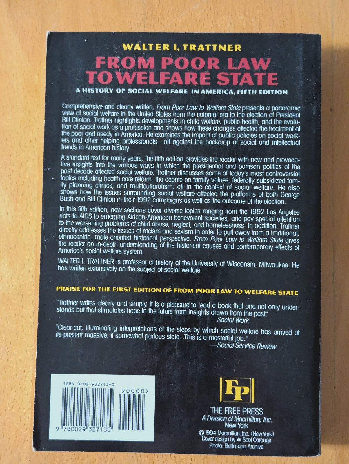 From Poor Law to Welfare State, 5th Ed 1994 – Trattner, Walter I. – Very Good