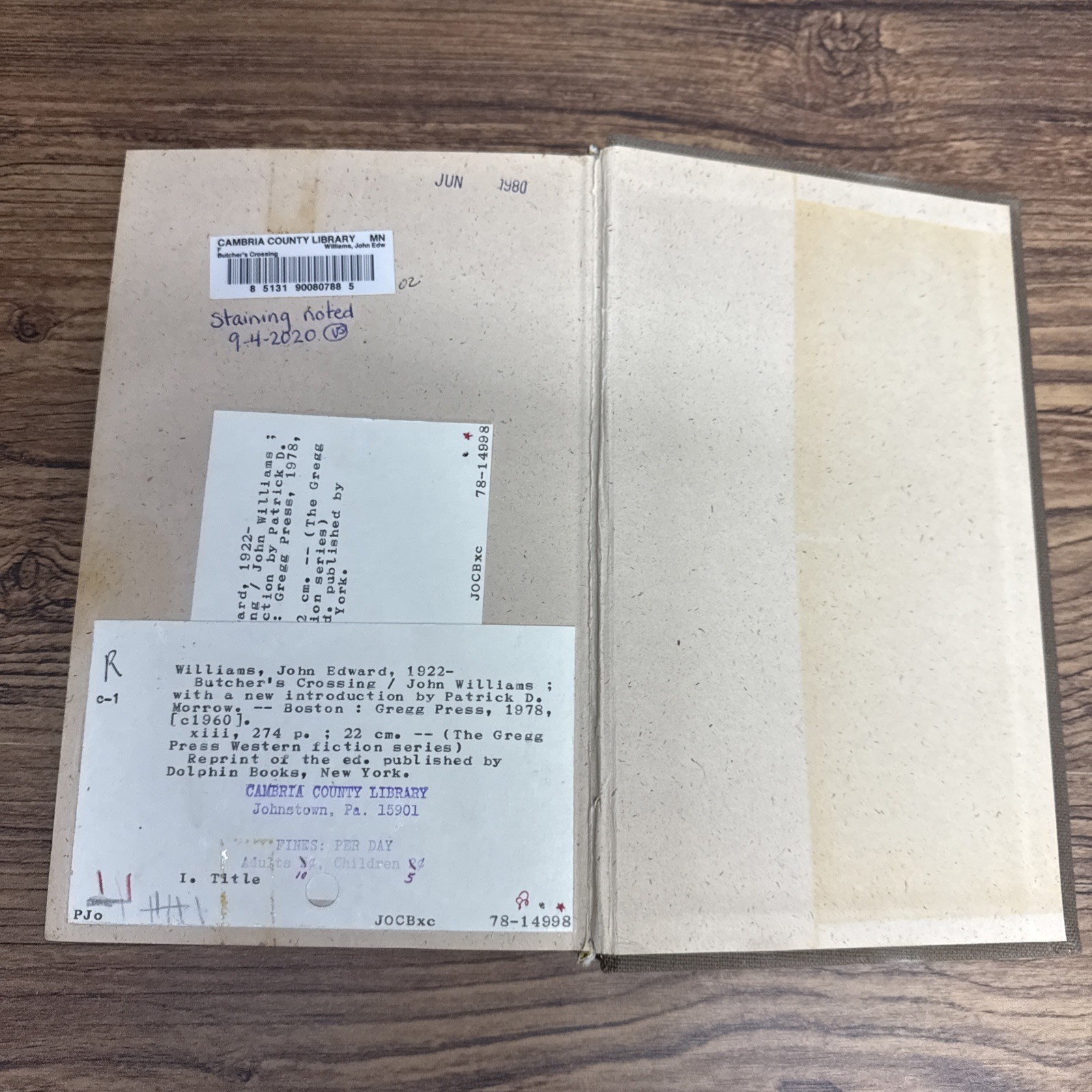 Butcher’s Crossing by John Williams ~ Gregg 1978 First Printing EX-LIB WATER DMG