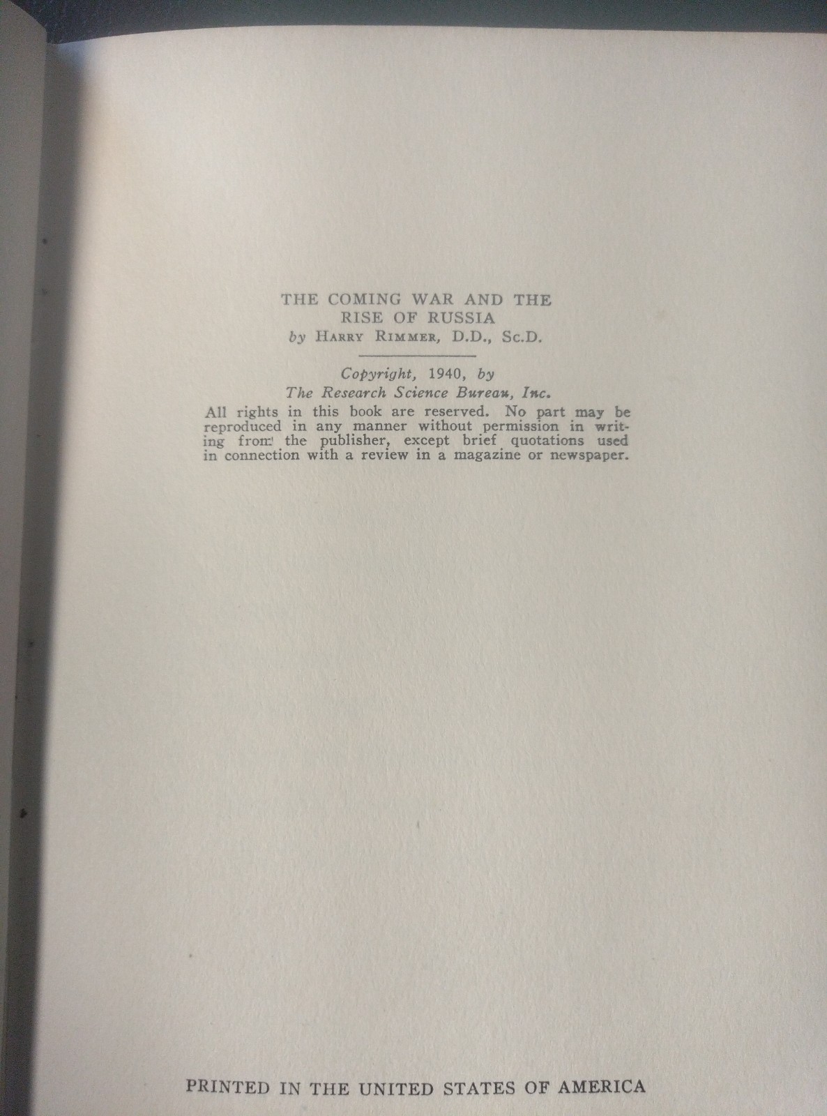 Vintage 1940 1st Ed THE COMING WAR AND THE RISE OF RUSSIA Harry Rimmer Prophecy
