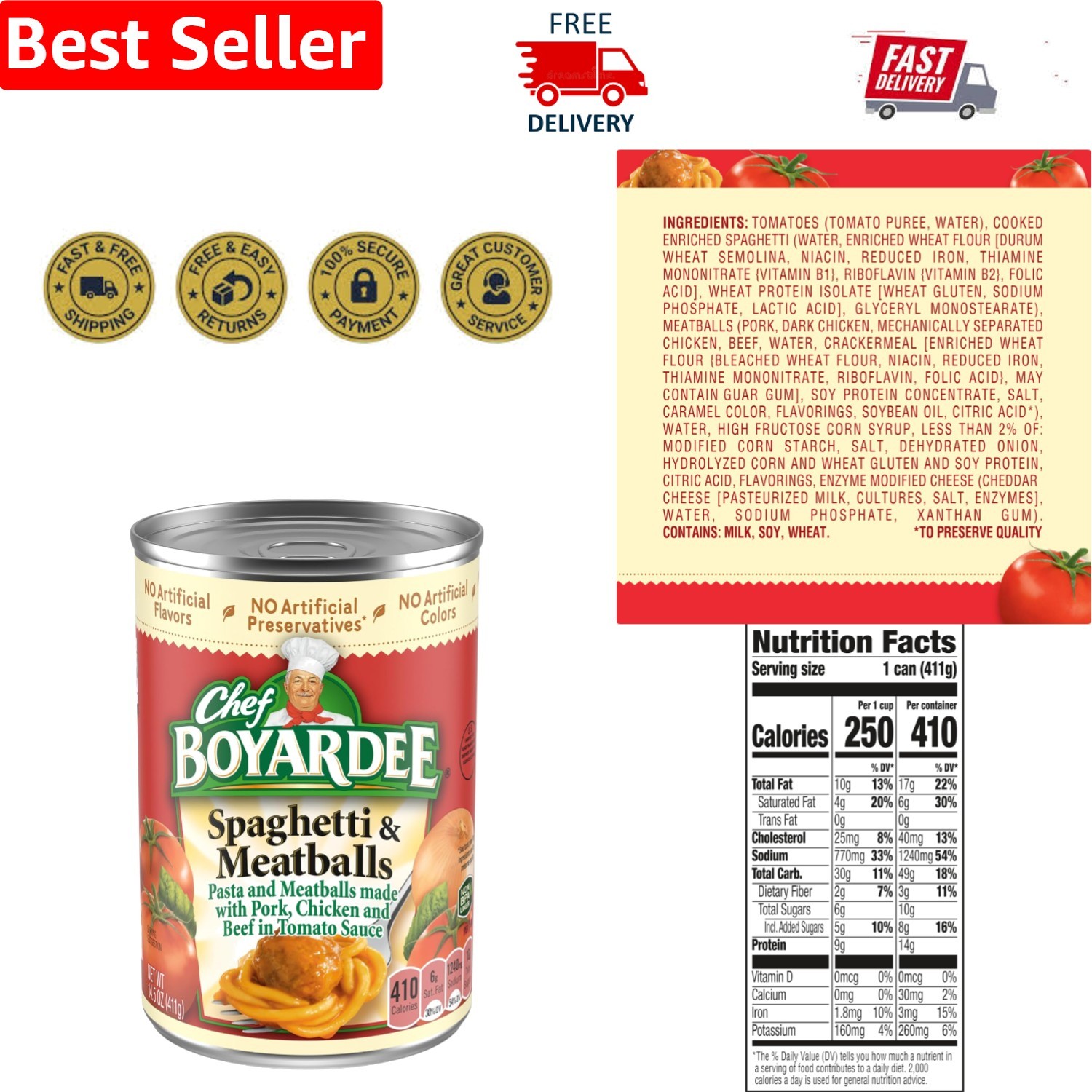 Delicious 14.5 oz Spaghetti & Meatballs – No Artificial Flavors or Preservatives