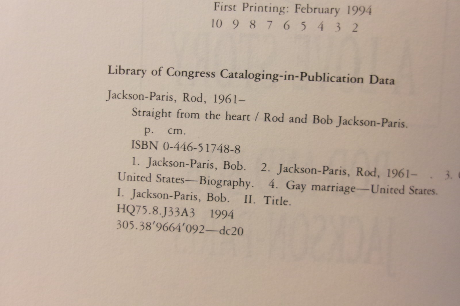 Straight from the Heart by Bob & Rod Jackson-Paris (1994, HC) 1st Printing Fair+