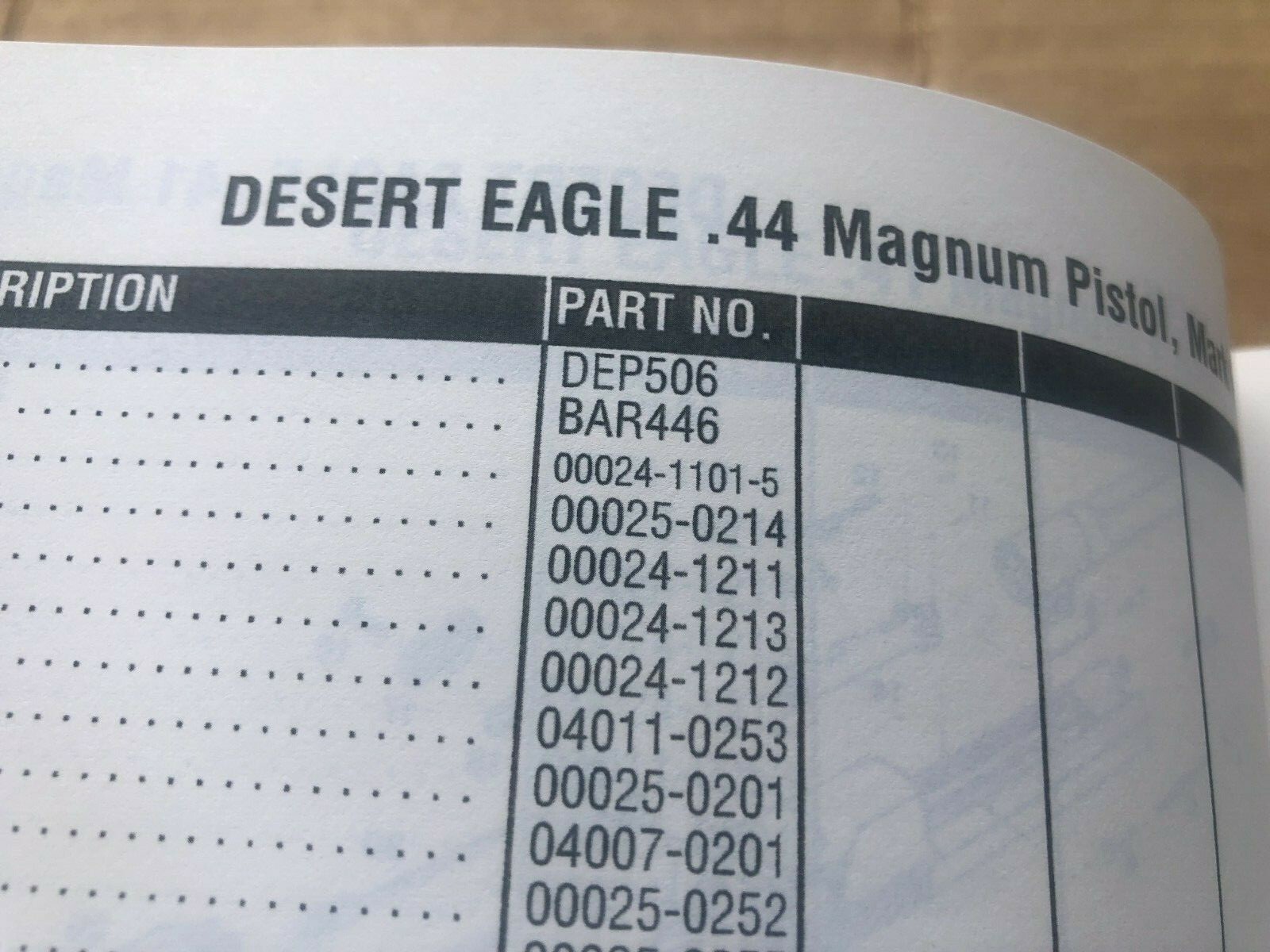 PARTS LIST/Booklet manual for a Desert Eagle Pistol,14 pages of info on this gun