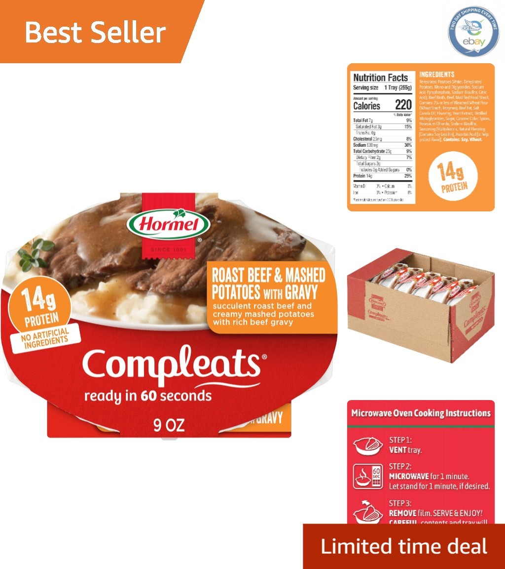 Roast Beef & Mashed Potatoes Microwave Tray – 6 Pack, 9 oz Each, Ready in 60 Sec