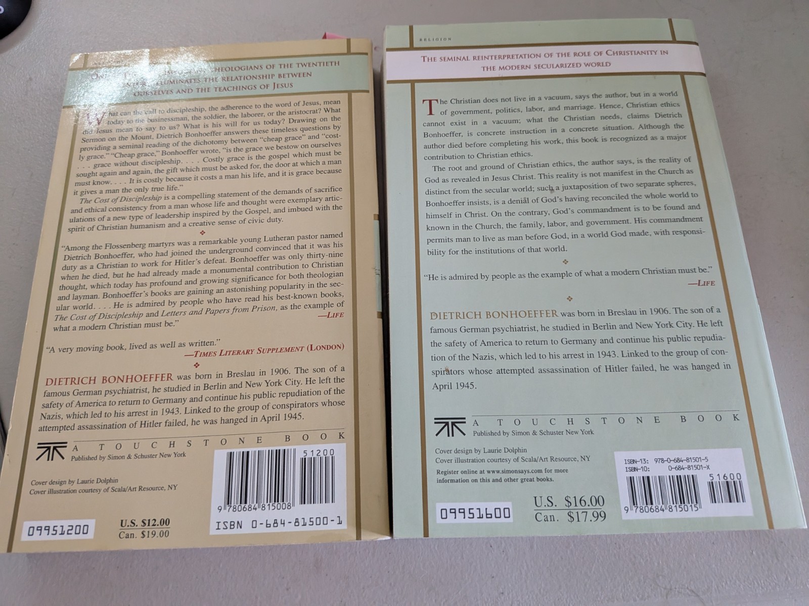 2 Book Set! Ethics & Cost Of Discipleship By Bonhoeffer, Dietrich, PB, Good