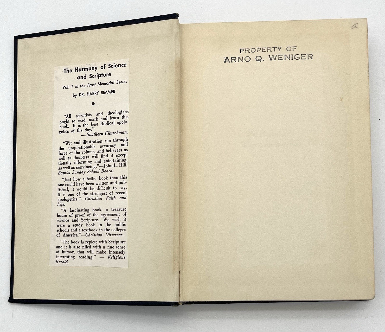 The Harmony of Science and Scripture, signed by Harry Rimmer, D.D., Sc. D. 1954