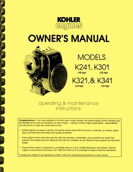 Kohler K321 14HP Engine 3-in-1 OWNERS MANUAL & SERVICE MANUAL and PARTS MANUAL