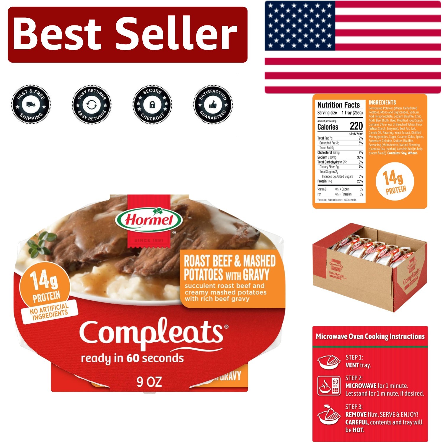 Satisfying Microwave Tray – Roast Beef & Mashed Potatoes, 6 Trays of 9 oz Each